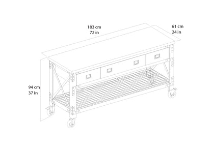 Duramax Rolling Industrial Workbench 72 In x 24 In. 3 Drawer with Wood Top - Aged Macadamia